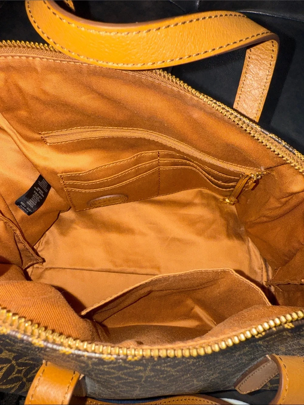 Fossil Sydney Satchel Handbag in Brown & Tan Patterned Coated Canvas